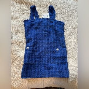Zara Blue Tweed Overall Dress Mini Raw Hem NWT